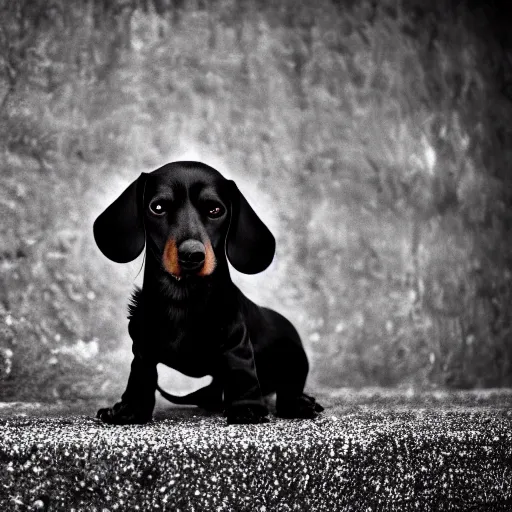 Image similar to Emo dachsund, goth aesthetic, ultra HD photo, 8k award-winning, gothic emo scene dog