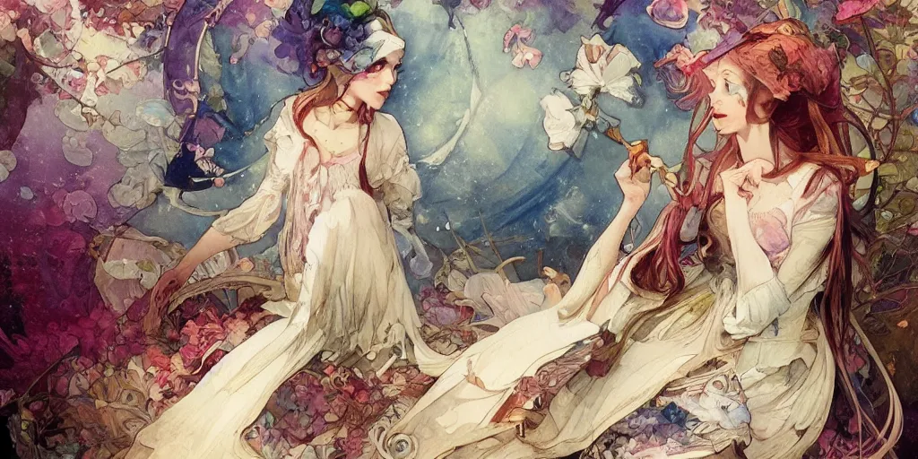 Prompt: a beautiful insanely intricate watercolor painting of alice in wonderland, reflexions, verry high details, colorfull, by william turner art, by greg rutkowski, by alphonse mucha, by james jean, by rossdraws, by frank franzzeta, by sakimichan, trending on artstation, insanely detailed, masterpiece,