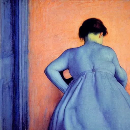 Image similar to close up of a girl in a blue and gold haunted liminal abandoned room, film still by edward hopper, by Pontormo, by klimt, art noveau, highly detailed, strong lights, liminal, eerie, Bright pastel colors