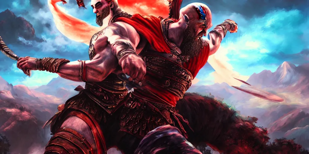 Prompt: 4k detailed painting of kratos with his blades fighting a dragon in a synthwave mountain landscape