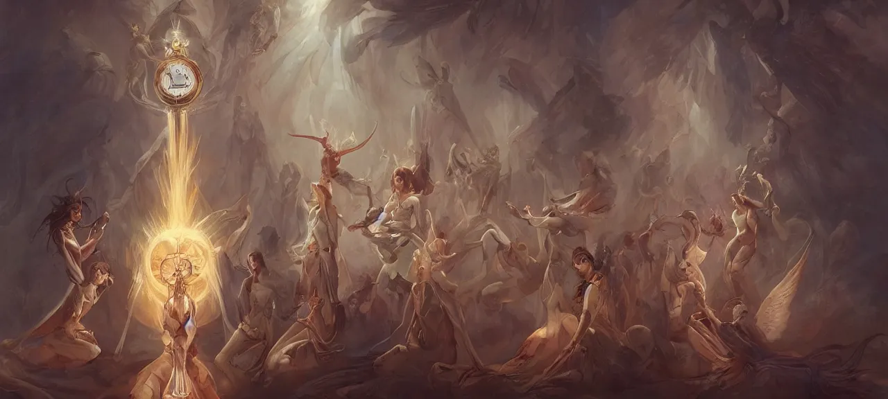 Image similar to angelical time keepers in sacred clothes performing a ritual of planetary sacrifice, emotional, fantastic, stars, tarot, detailed, realistic, digital art, trending on artstation by peter mohrbacher, greg rutkowski and artgerm