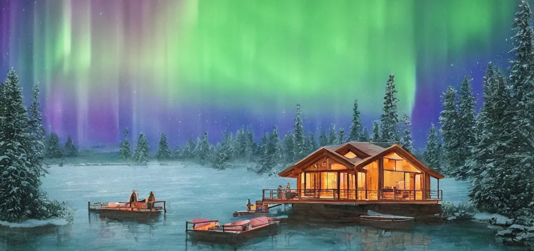 Prompt: a big cozy cabin floating in the middle of a lake, a beautiful terrace, night, rainbow aurora, snow falling, classic painting, award winning, highly detailed