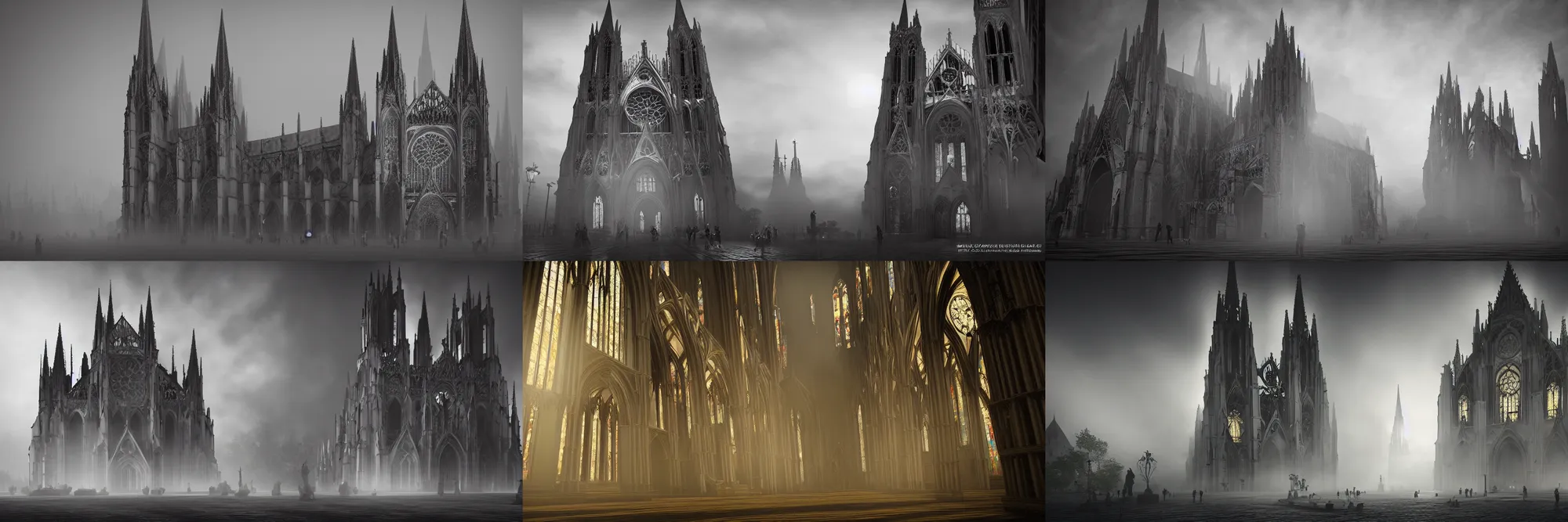 Prompt: gothic cathedral, superwide angle, light through the mist, dramatic lighting, photorealistic, cinematic lighting, high detail, cinematic feel, high octane, 4K, Unreal Engine, digital render, intricate, ultra realistic