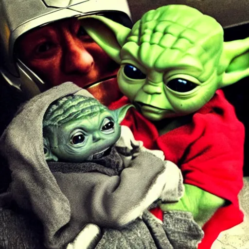 Image similar to baby yoda hanging out with iron man