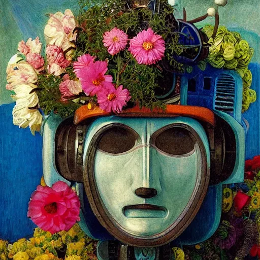 Image similar to masterpiece painting of the head of a robot wearing a mask made of flowers, by annie swynnerton and diego rivera and jean delville and tino rodriguez, flower mask, symbolist, dramatic lighting, god rays, elaborate geometric ornament, art brut, soft cool colors, smooth, sharp focus, extremely detailed, adolf wolfli