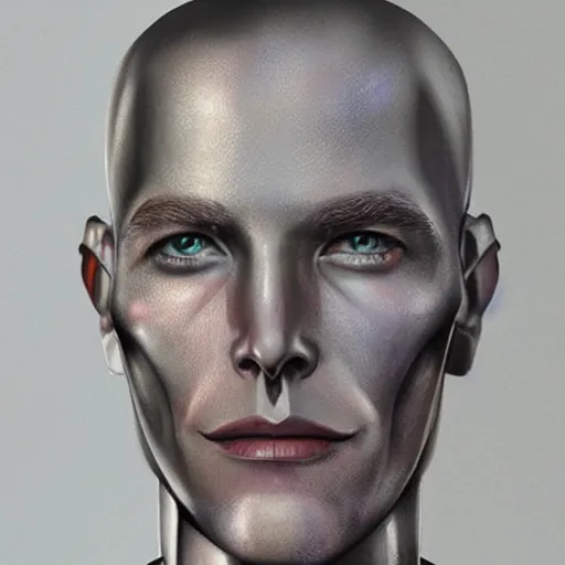 Image similar to a cyborg robot designed by tesla, hyper realistic, detailed portrait,