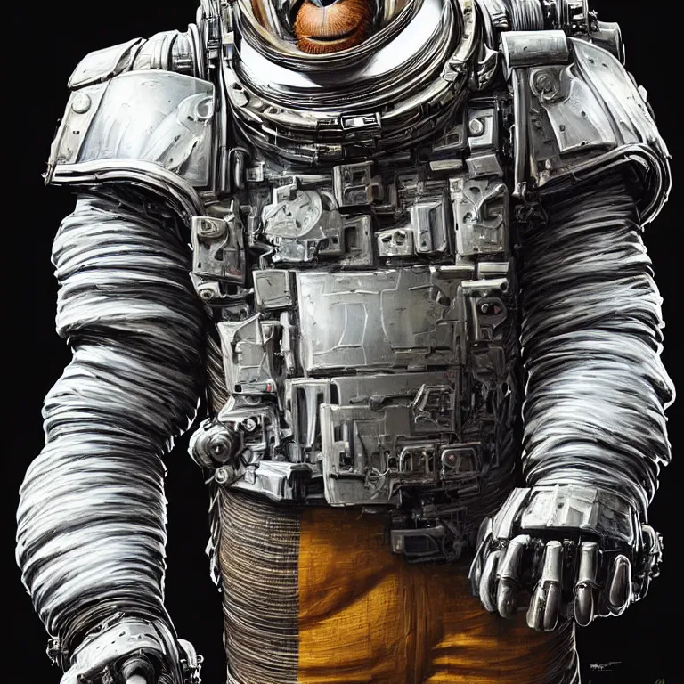 Image similar to a portrait of a muscular anthropomorphic cyberpunk orangutang in spacesuit armor with ensignia on chest plate by sandra chevrier, by jon foster, detailed render, pistol in holster, extremely hyperdetailed, tape deck, epic composition, cybernetics, 4 k realistic, cryengine, realistic shaded lighting, sharp focus, masterpiece, by enki bilal