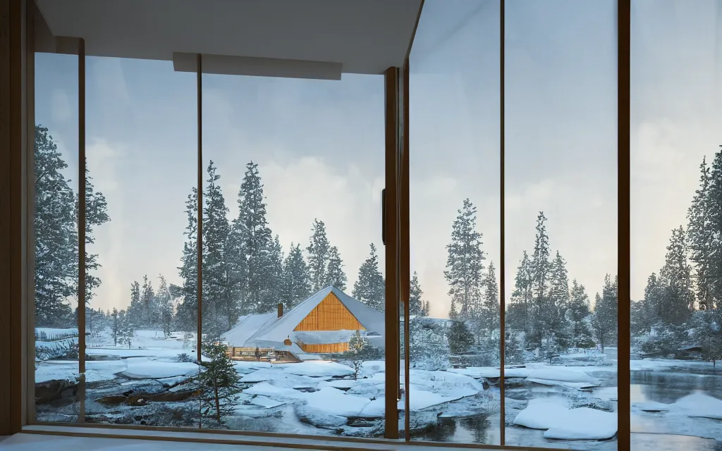 Image similar to finnish hotel architectural visualization, sauna, large windows, winter scene, cozy, corona render, rendered in vray, evening light, sunset, lakeside, depth of field, mountainous landscape, pine forest, evermotion, ronen bekerman, contest winner, archviz, peter guthrie, ultradetailed, photorealistic, photoreal, mir, bertrand benoit