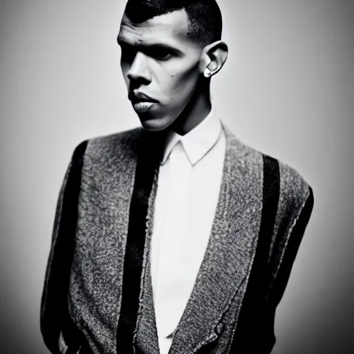 Prompt: old monochrom photography of stromae by alfred ghisoland, 4 k,