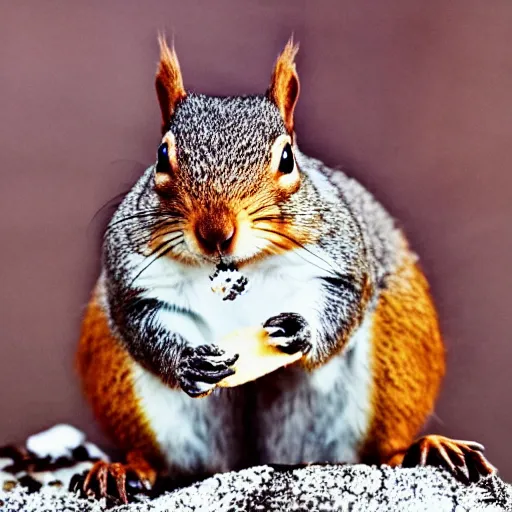 Prompt: A fat squirrel eating a cookie