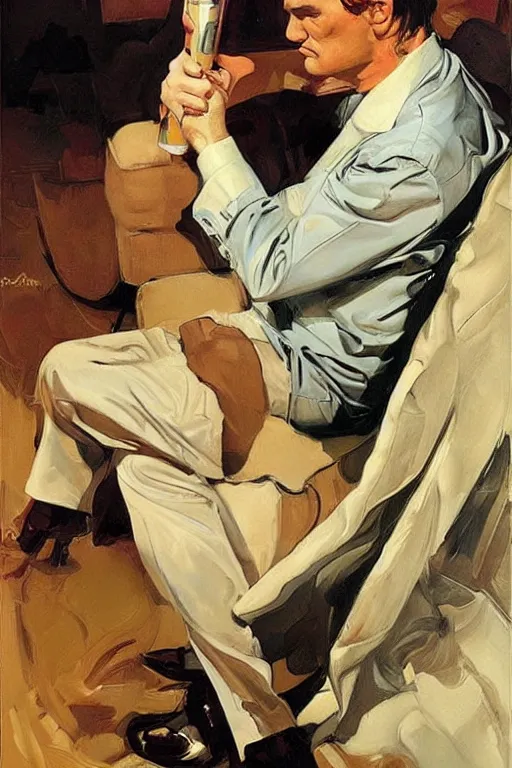 Image similar to quentin tarantino caressing feet, painting by jc leyendecker!! phil hale!, angular, brush strokes, painterly, vintage, crisp