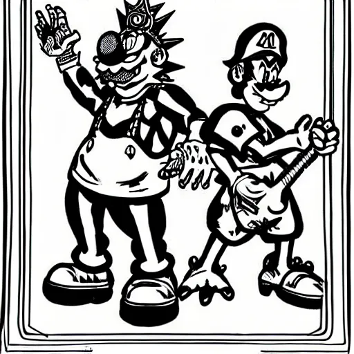 Image similar to King Bowser and Mario, black and white, drawn by Robert Crumb.