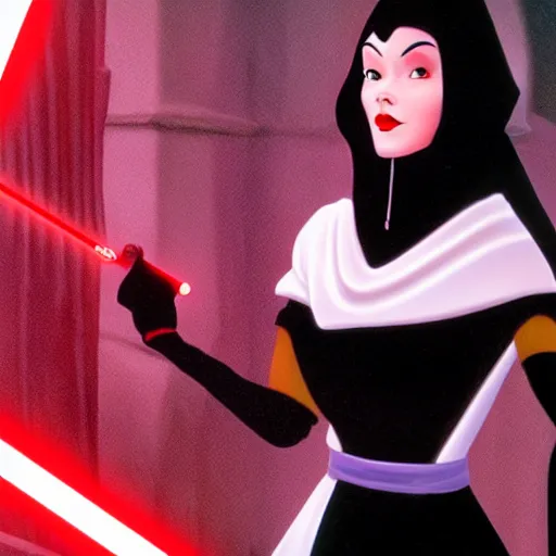 Image similar to a film still of snow white as a sith lord wearing black attire realistic, detailed