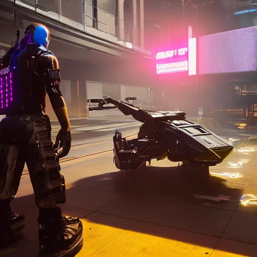 Prompt: Cyberpunk 2077. CP2077. 3840 x 2160. evil cyberdrone, punkdrone, looming drone, hovering drone, deadly drone