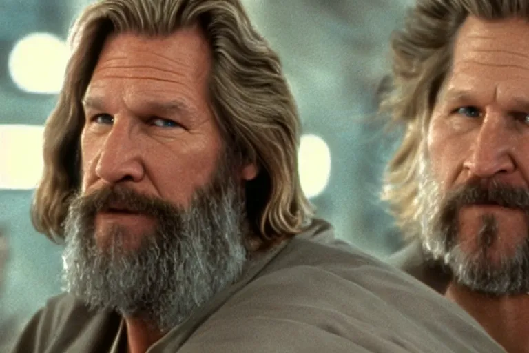 Prompt: A wide shot of Jeff Bridges from The Big Lebowski as a Jedi bowling in Star Wars