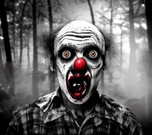 Image similar to zombie clown spotted in a dark forest, found footage, black and white