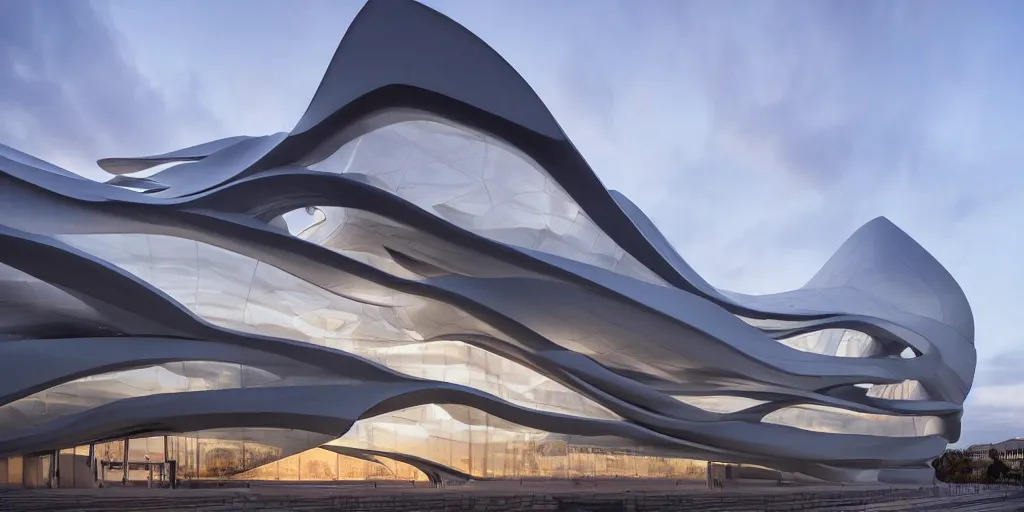 Image similar to extremely detailed ornate stunning sophisticated beautiful elegant futuristic museum exterior by Zaha Hadid, stunning volumetric light, stainless steal, concrete, translucent material, beautiful sunset, tail lights