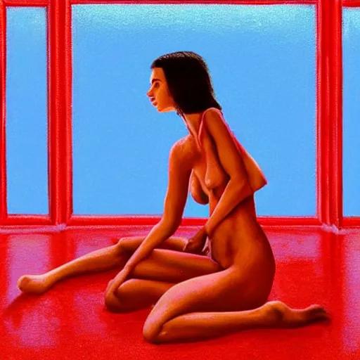 Image similar to Emily Ratajkowski full body laying in a blood red pool of water between a golden mirror frame, outside is space and inside the mirror frame is a beautiful landscape. Hyperrealistic surreal 4K IMAX Rene Margritte intricate, elegant, highly detailed, digital painting, artstation, concept art, smooth, sharp focus, illustration, art by artgerm and greg rutkowski and alphonse mucha