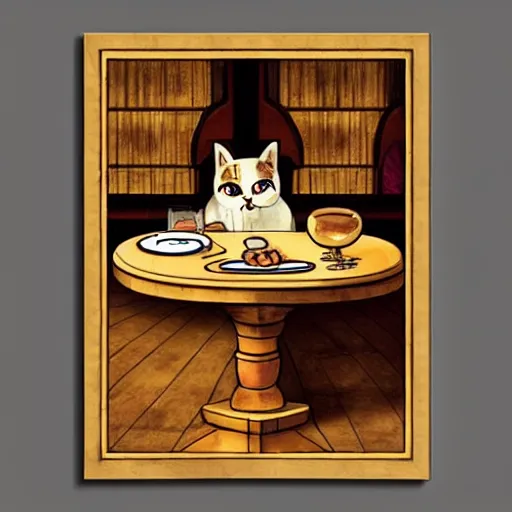 Image similar to Cat’s restaurant, in da Vinci style, trending on artstation