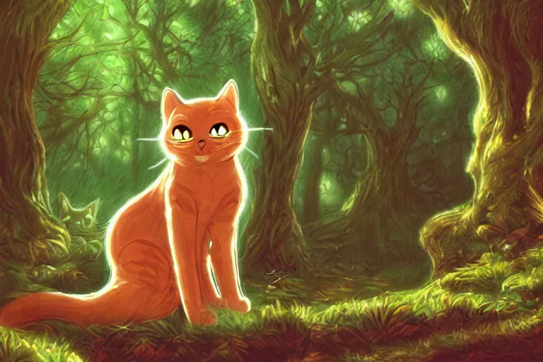 Image similar to a cat in a forest, highly detailed, digital art, trending on artstation, backlighting, by kawacy, by don bluth, by ken sugimori, by louis wain, fan art