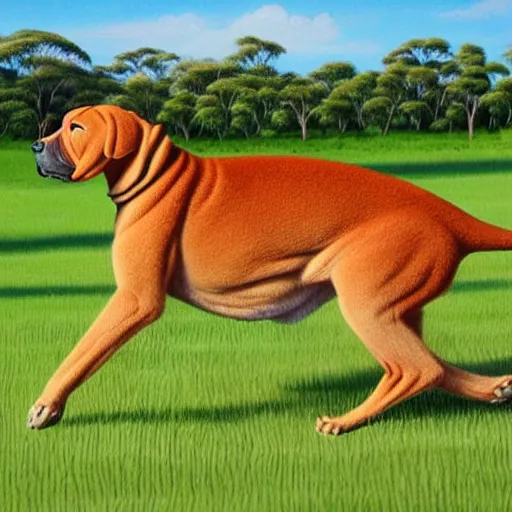 Image similar to boerboel in a field chasing a kangaroo, detailed, intricate, realistic