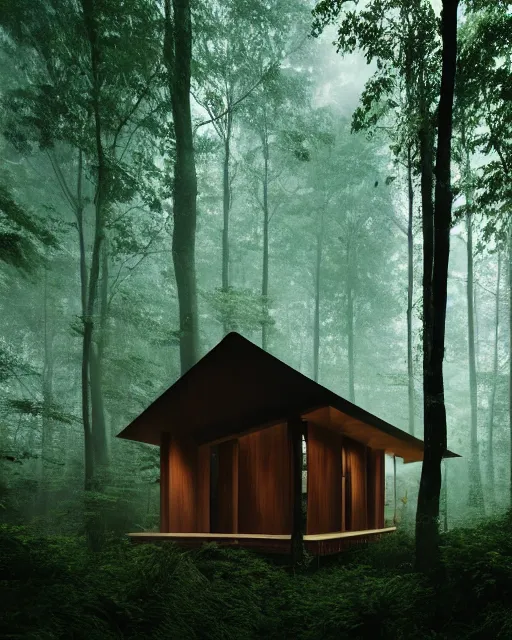 Image similar to an exquisite wooden house in the middle of a lush forest, minimalist design, architectural photography, dark and dim lighting, beautiful, tranquil, moody, cinematic, fantasy, 3 5 mm lens, volumetric lighting, first person view, photographic render, hyper realistic