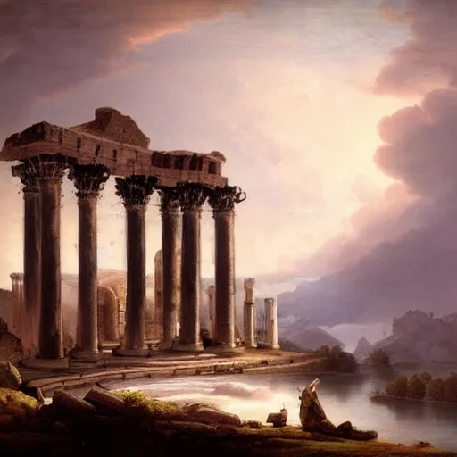 Prompt: digital fantasy of ruined rome temple at mountain painting by hubert robert high resolution devianart detailed 8 8 grzes, dreamy, clouds, river