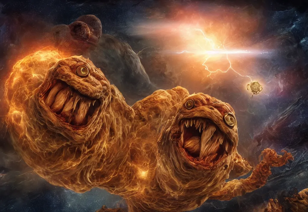 Image similar to eldritch horror bloody garfield in space, hd, 8 k, giant, epic, realistic photo, unreal engine, prophecy, powerful, cinematic lighting, destroyed planet, debris, violent, sinister, ray tracing, dynamic, epic composition, dark, horrific, teeth, grotesque, monochrome drawing, hellscape, corpses, foreboding, lightning, garfield cartoon eyes