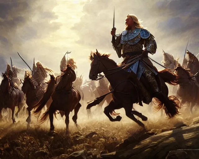 Image similar to king theoden charging the battlefield on horseback with an army of horses behind him, deep focus, d & d, fantasy, intricate, elegant, highly detailed, digital painting, artstation, concept art, matte, sharp focus, illustration, hearthstone, art by artgerm and greg rutkowski and alphonse mucha