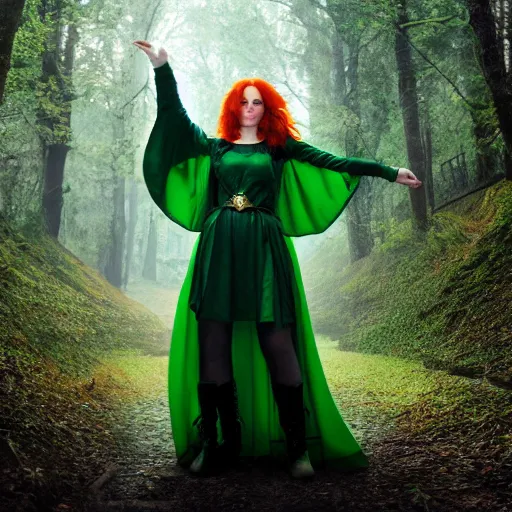 Image similar to a beautiful redheaded dnd sorceress wearing a green cloak, high resolution film still, 8k, HDR colors