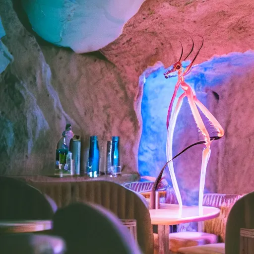 Prompt: cinematic photo of a beautiful albino praying mantis lit with saturated split colour blue and dusty pink lighting serving drinks in a grotto restaurant