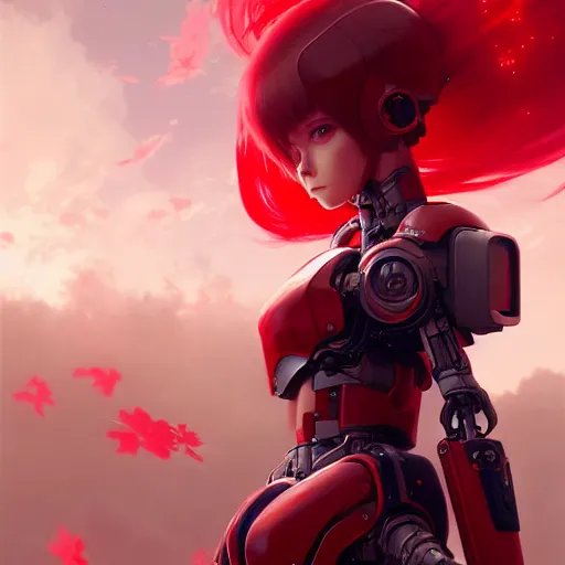 Image similar to cute red armored cyborg - girl by ross draws, in flight while looking towards the camera by ilya kuvshinov, point of view, rtx reflections, octane render 1 2 8 k, extreme high intricate details by wlop, digital anime art by tom bagshaw