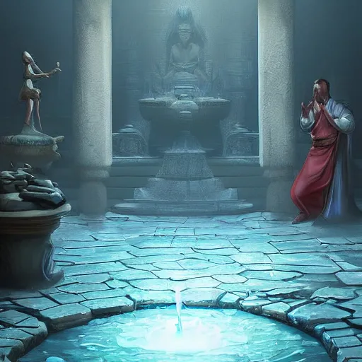 Image similar to a man cast a water spell inside a temple, artstation