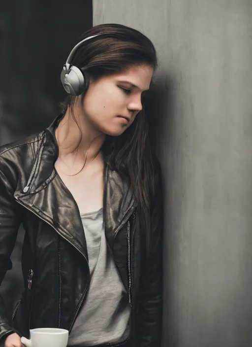 Image similar to young adult woman in a coffee shop wearing headphones and a leather jacket looking unamused, natural light, magazine photo, 5 0 mm lens