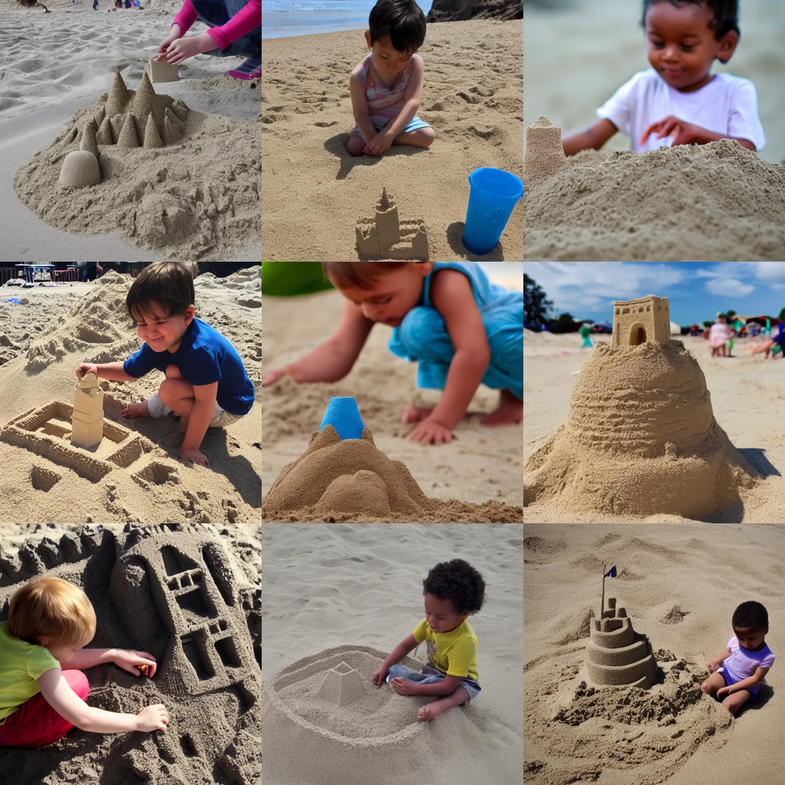 Prompt: A tiny person building a sand castle