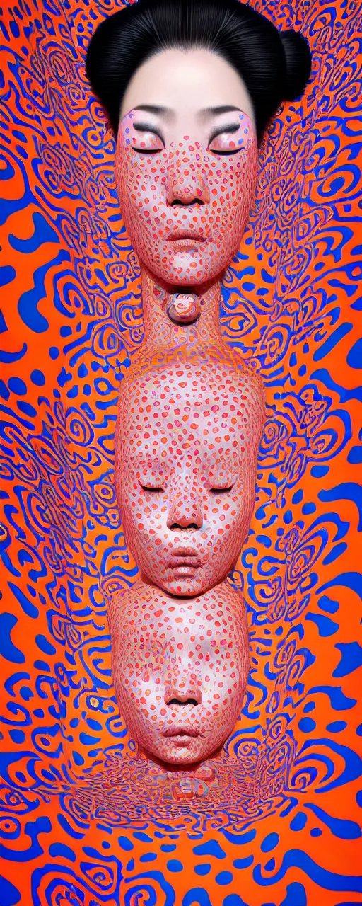 Image similar to realistic detailed image of a geisha laying down in a padded room, conjuring psychedelic background, part by yayoi kusama, part by alex gray, part by ross tran, part by james jean, ultra realistic, highly detailed, life like face, detailed body, 8 k, octane render, trending on artstation, very cohesive, masterpiece