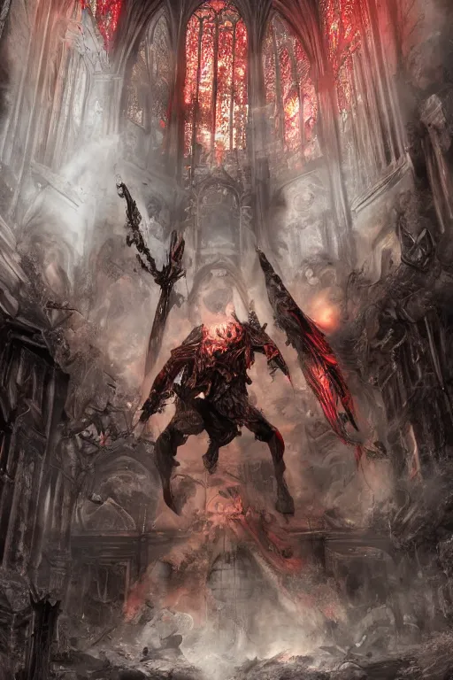 Image similar to Path of Exile, Sirius, bronze face, red eyes, male image with bronze black armor, sitting on the throne, inside the ruined gothic church, black shadows, dark red bloody fog fly around, [[blood]], Anachronism, painting, dark fantasy, steampunk, 4k, perfect quality,