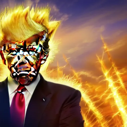 Prompt: portrait of Donald Trump from dragon ball z with glowing golden aura flying over a desert field, super saiyan 3, yellow spiky hair, high quality photo