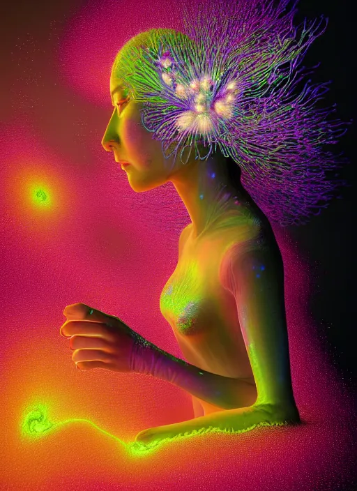 Image similar to hyper detailed 3d render like a Oil painting - Aurora (Singer) seen Eating of the Strangling network of yellowcake aerochrome and milky Fruit and Her delicate Hands hold of gossamer polyp blossoms bring iridescent fungal flowers whose spores black the foolish stars by Jacek Yerka, Mariusz Lewandowski, Houdini algorithmic generative render, Abstract brush strokes, Masterpiece, Edward Hopper and James Gilleard, Zdzislaw Beksinski, Mark Ryden, Wolfgang Lettl, hints of Yayoi Kasuma, octane render, 8k