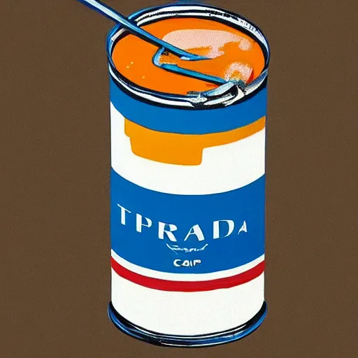 Prompt: In this painting, the artist has used a photo-realist style to depict a can of soup. The can is placed on a plain background, and the artist has used bright, primary colors to create a striking image. The painting is both realistic and abstract brutalism, Prada by Pascale Campion, by Steve Hillier 3d render