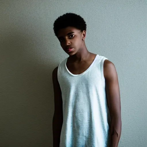 Prompt: black teenage boy with a long nose wearing a white tank top, walking in a nostalgic room with yellow walls and brown carpet