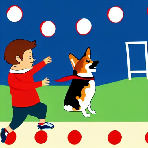 Image similar to illustration of french boy playing football with a corgi wearing a polka dot scarf in paris