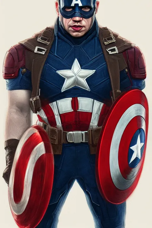Image similar to Boris Johnson as Captain America, realistic portrait, symmetrical, highly detailed, digital painting, artstation, concept art, smooth, sharp focus, illustration, cinematic lighting, art by artgerm and greg rutkowski and alphonse mucha