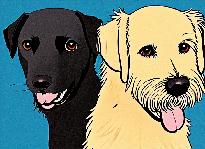 Prompt: portrait of small blond terrier and a large black labrador, anime, shigeto koyama,jean giraud, manga, 28mm lens, vibrant high contrast, gradation, cinematic, rule of thirds, great composition, intricate, detailed, flat, matte print, sharp,clean lines,masakazu katsura