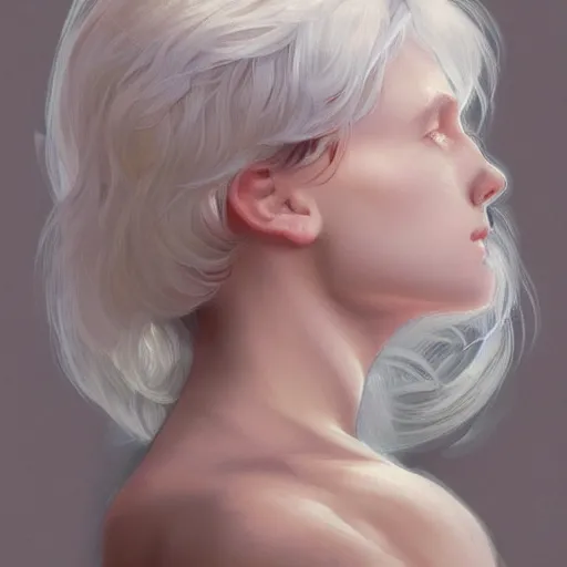 Image similar to young boy, white hair, gorgeous, amazing, feminine, elegant, intricate, highly detailed, digital painting, artstation, concept art, sharp focus, illustration, art by artgerm and greg rutkowski and alphonse mucha