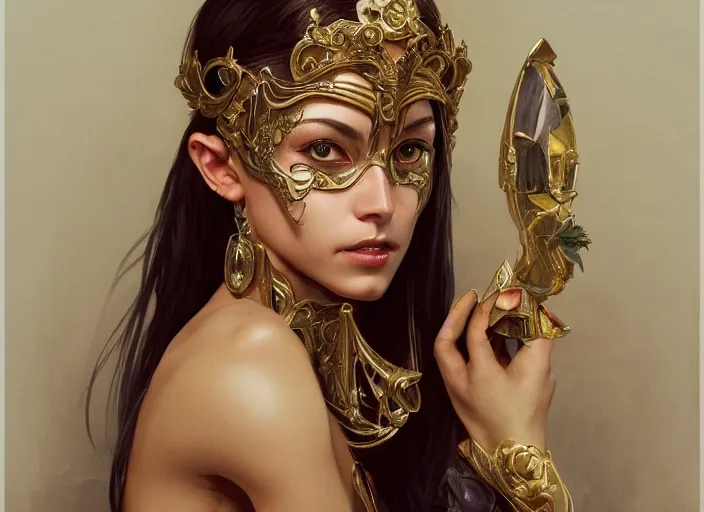 Image similar to masked, perfectly-centered-Portrait of the most beautiful woman on the planet , intricate, highly detailed, artstation, concept art, concept render, octane, redshift, smooth, sharp focus, illustration,award-winning, Unreal Engine 5, 8K, art by artgerm and greg rutkowski and alphonse mucha