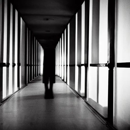 Prompt: realistic photograph black and white of a dark shadowy figure standing in the end of a dim-lit hallway