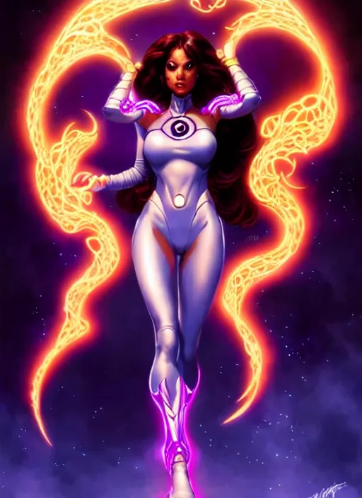 Image similar to front portrait hands behinds pose of attractive Starfire with wavy hair using white gloves, hands behind her pose!, Intricate overlay flames imagery , D&D!, fantasy style, sharp focus!, ultra detailed, art by Artgerm and Peter Andrew Jones, WLUP