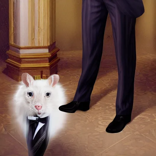 Image similar to photo realistic picture of fantasy butler that looks similar to michael kane, handsome, 4 k, oil painting filter, balding, well dressed, full body portrait, pet rat on shoulder