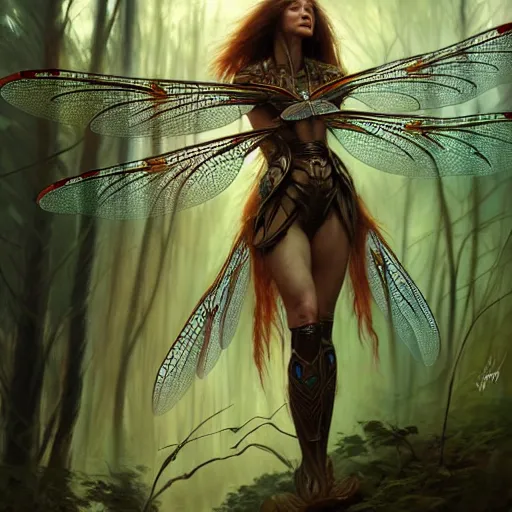 Image similar to photo of a humanoid dragonfly hybrid were a heroic dress an armour with dragonfly wings in the forest, long hair, highly detailed, digital painting, artstation, smooth, sharp focus, illustration, art by artgerm and greg rutkowski and alphonse mucha